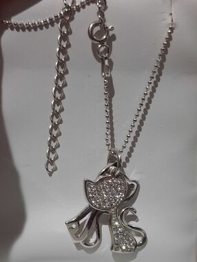 Solid Sterling Silver Kitty Double Crystal Cat Pendant Diamond Cut Necklace